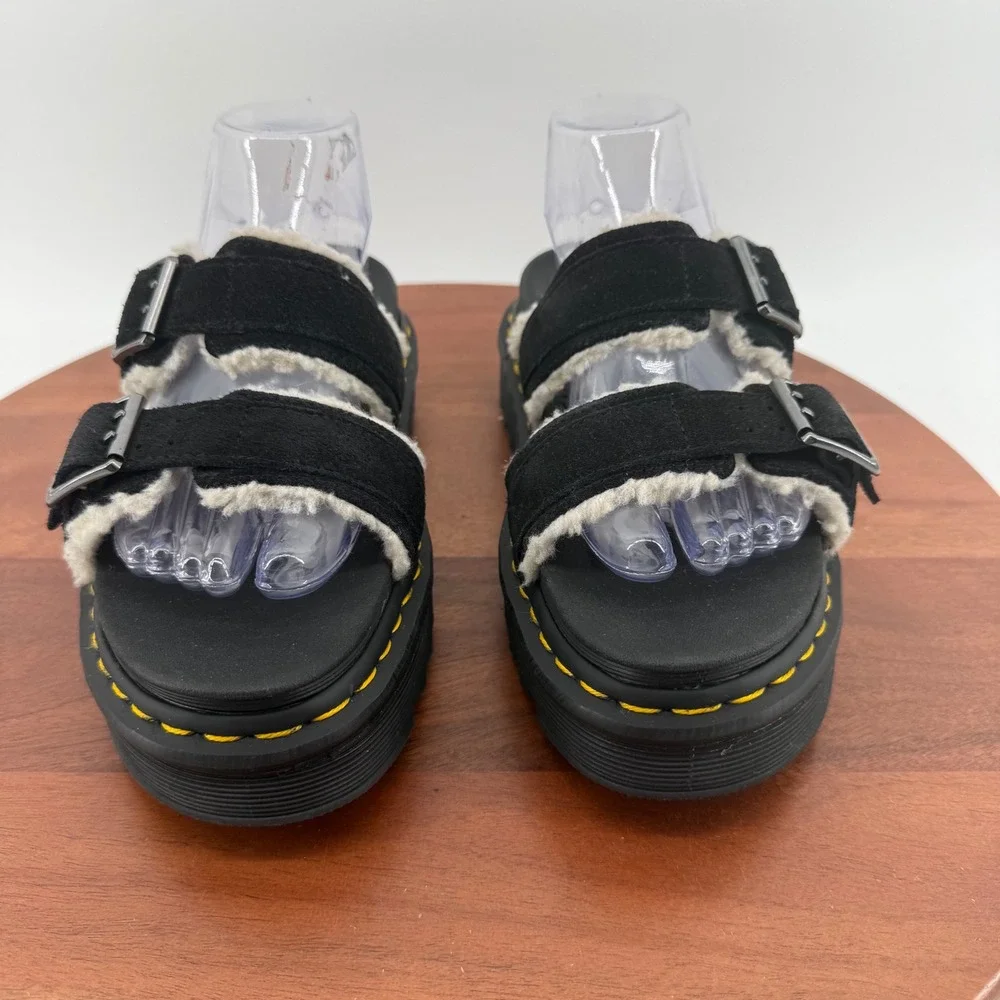 Dr. Martens Myles Suede Faux Shearling Lined Sandal Black Platform Slide Women 8